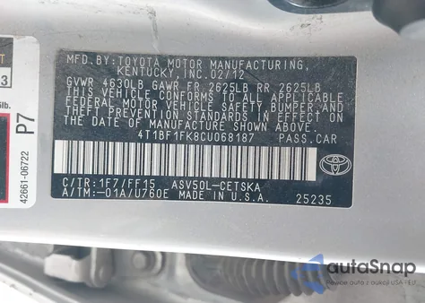2012 Toyota Camry Se из США, поврежденный, VIN 4T1BF1FK8CU068187
